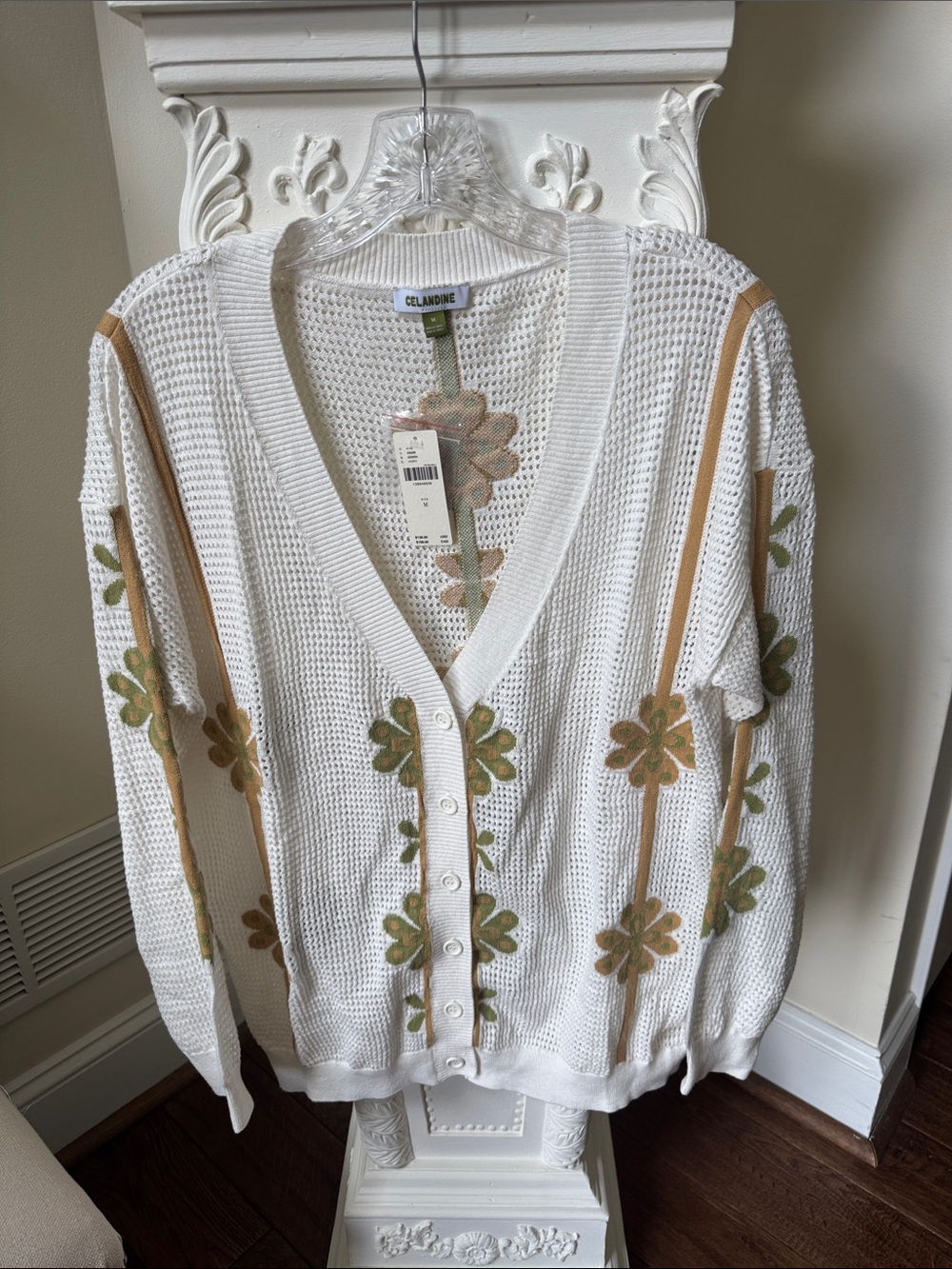 Anthropologie White Floral Knit Cardigan and Shorts Set with Olive Applique - Picture 2 of 7